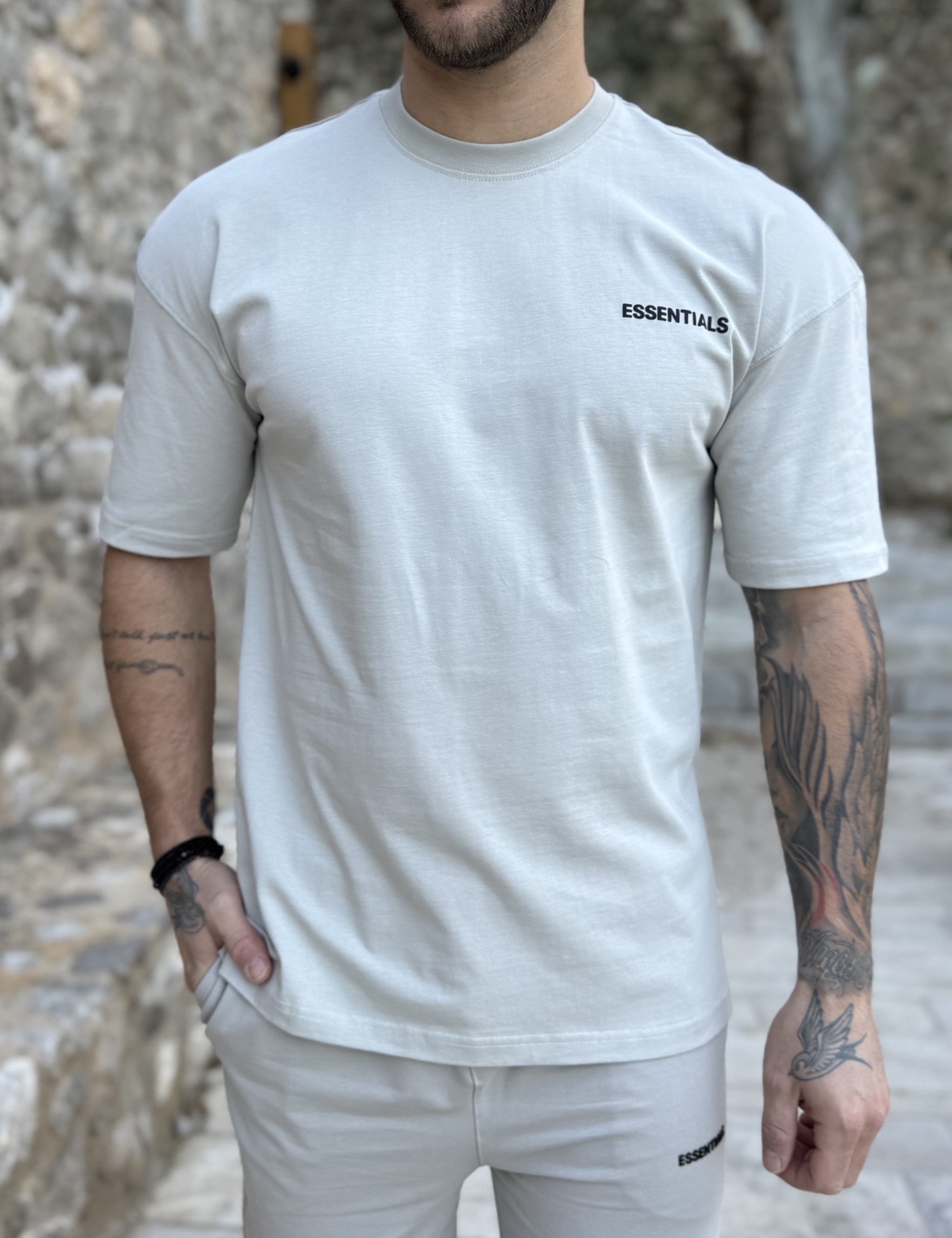 Ανδρική γκρι oversized κοντομάνικη μπλούζα με λογότυπο στην πλάτη ES014G